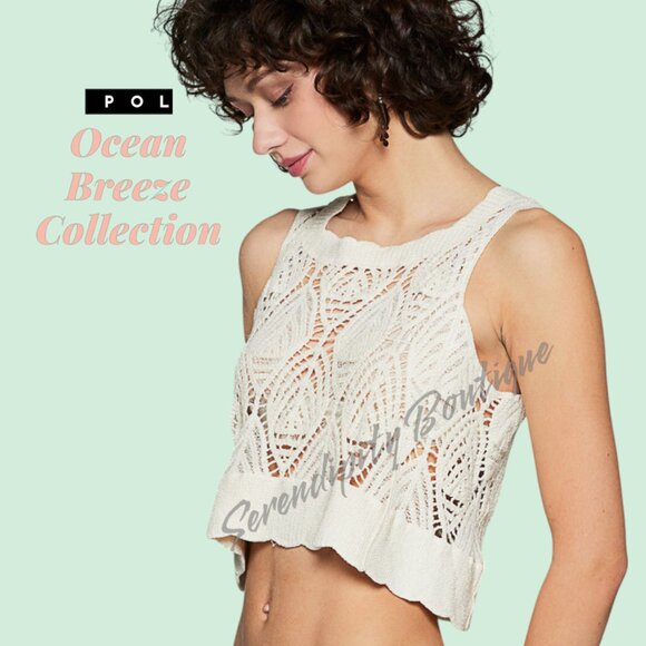 POL Natural Crochet Scalloped Baggy 100% Cotton Tank Crop Top - Picture 2 of 10